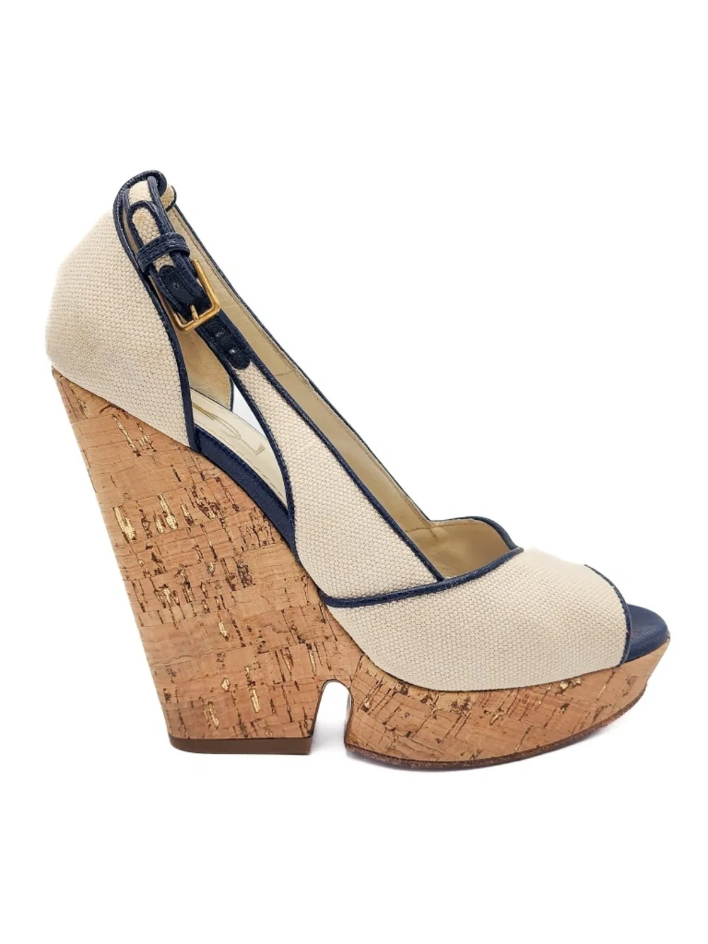 YSL Yves Saint Laurent Canvass Cork Platform Wedge Open Toe Shoes EU 38